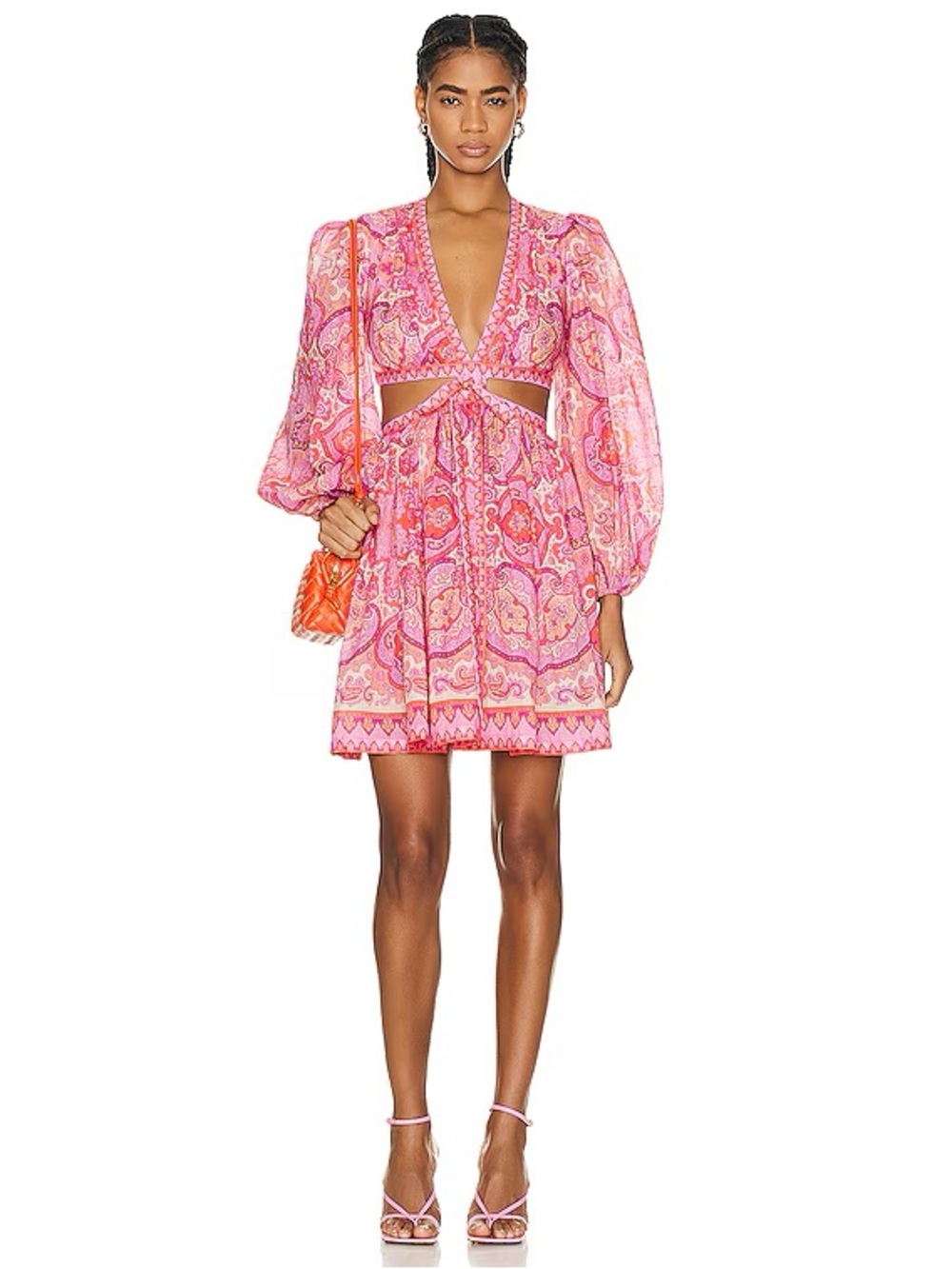 Zimmermann Pink Paisley Cutout Mini Dress with Balloon Sleeves